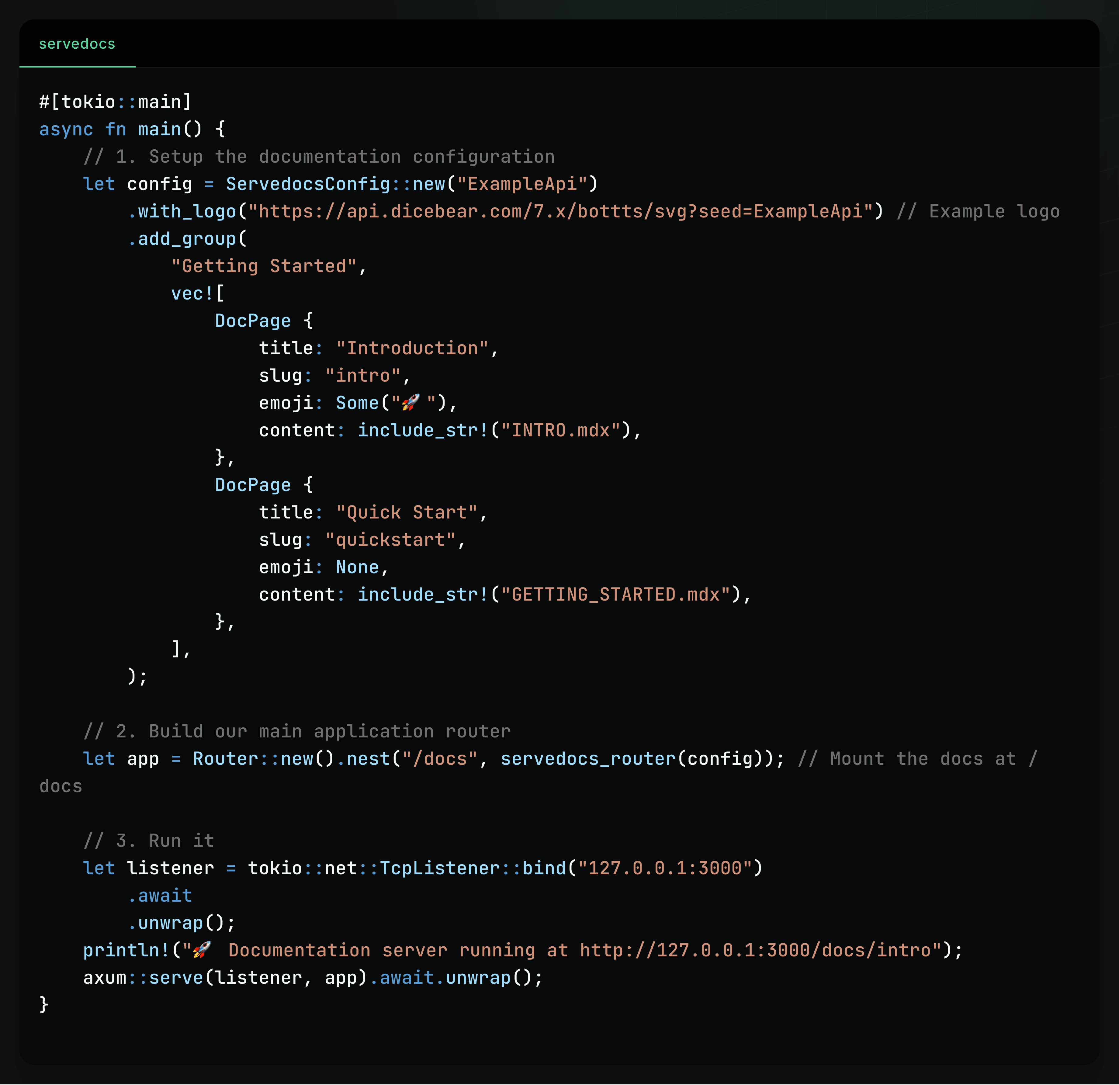 Screenshot of Servedocs example usage